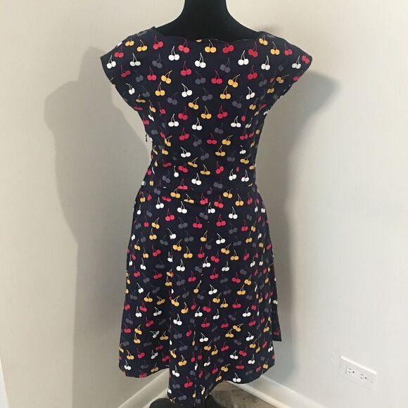 MODCLOTH CIRCUS Blue Cherries Scallop Neck Cap Sleeves Retro Dress UK 10 US 6 - Picture 3 of 9